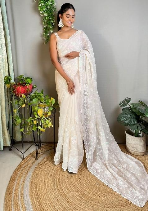 Off White Printed Georgette Saree Set — view on Indya