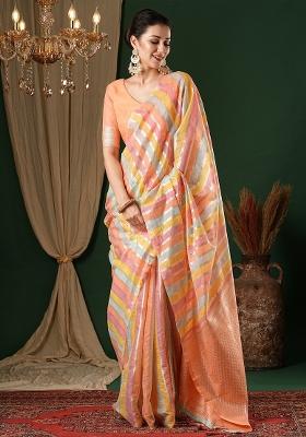 Peach Printed Silk Blend Cotton Saree Set