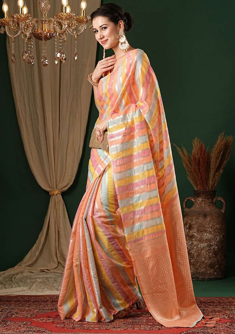 Peach Cotton Silk Blend Saree Set with Printed for Diwali | Wedding & Festive Wear - Indya