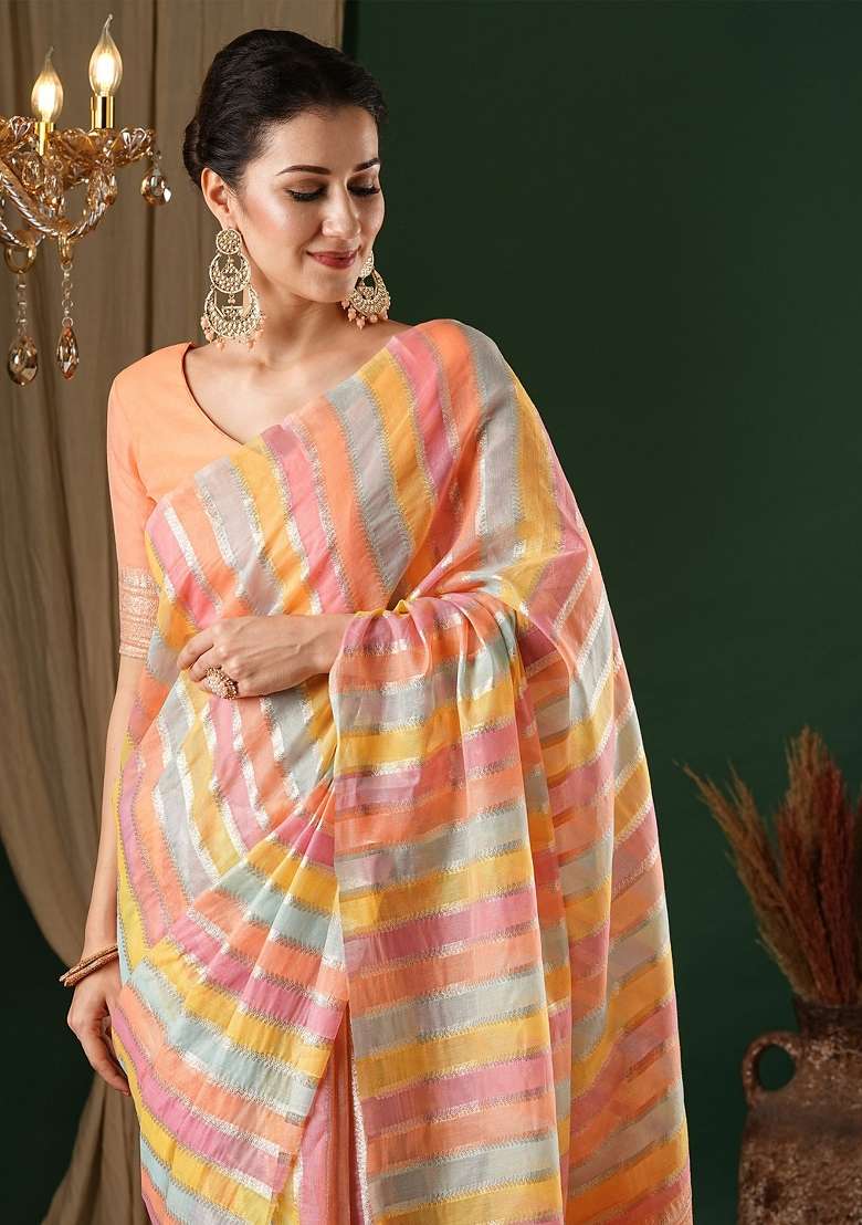 Peach Cotton Silk Blend Saree Set with Printed for Diwali | Wedding & Festive Wear - Indya
