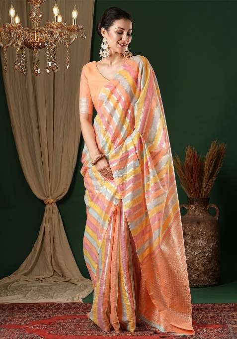 Peach Cotton Silk Blend Saree Set with Printed for Diwali | Wedding & Festive Wear