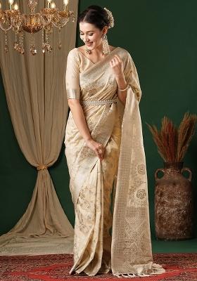 Cream Printed Georgette Saree Set