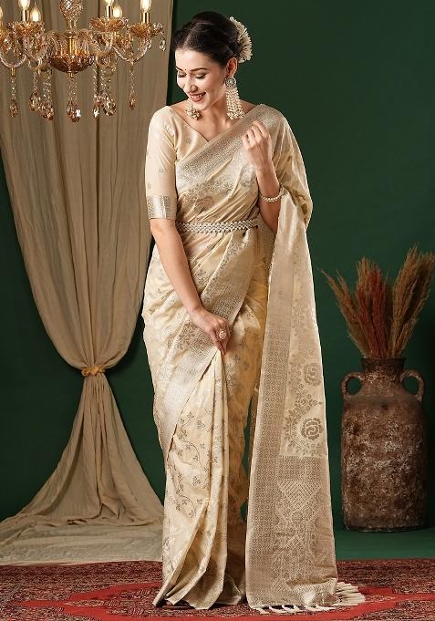Cream Printed Georgette Saree Set