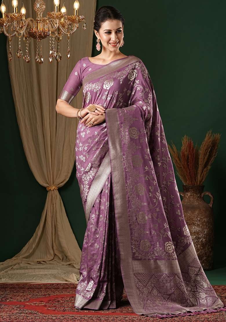 Mauve Printed Georgette Saree Set - Indya