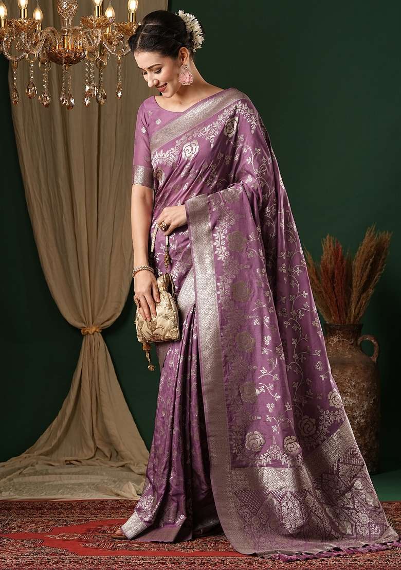 Mauve Printed Georgette Saree Set - Indya