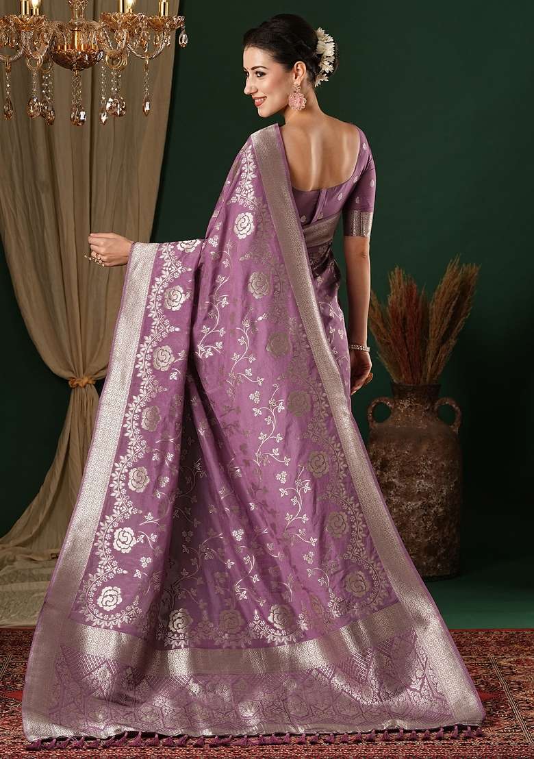 Mauve Printed Georgette Saree Set - Indya