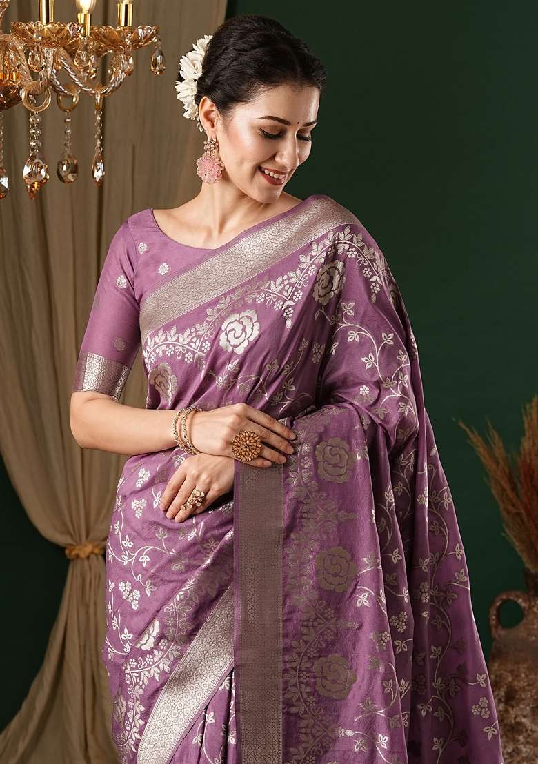 Mauve Printed Georgette Saree Set - Indya