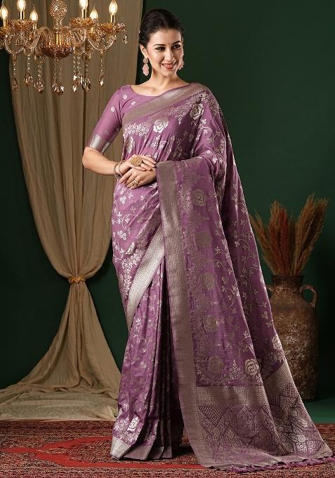 Mauve Printed Georgette Saree Set — view on Indya