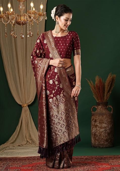 Maroon Printed Georgette Saree Set — view on Indya