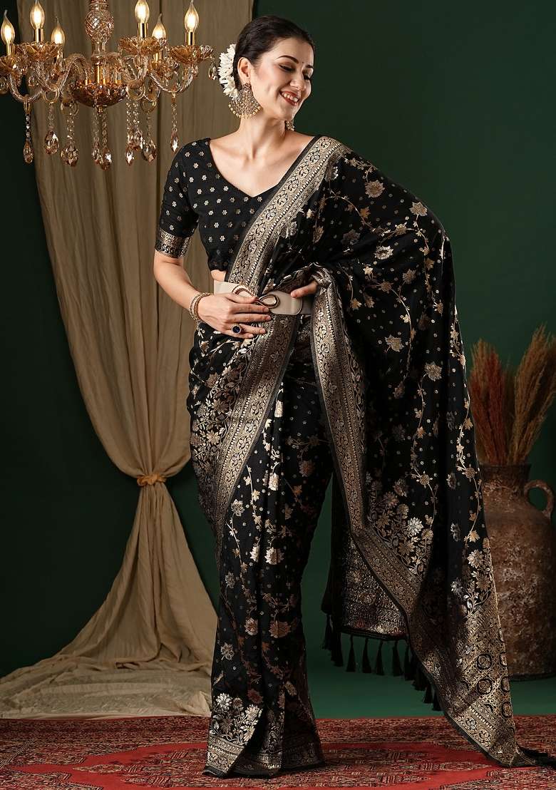 Black Printed Georgette Saree Set for Diwali and Festive Wear - Indya