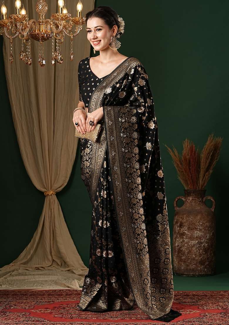Black Printed Georgette Saree Set for Diwali and Festive Wear - Indya