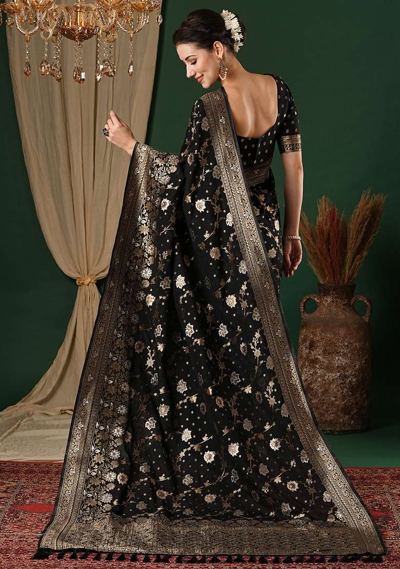 Black Printed Georgette Saree Set for Diwali and Festive Wear - Indya