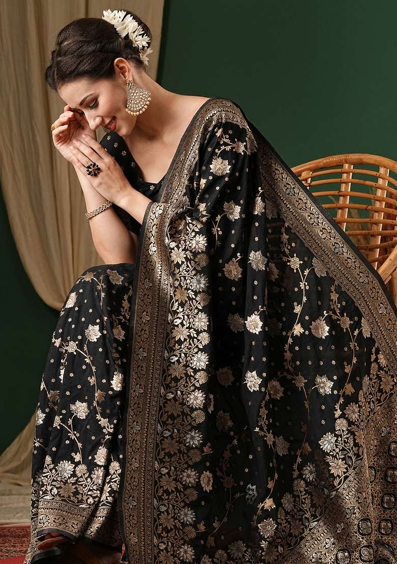 Black Printed Georgette Saree Set for Diwali and Festive Wear - Indya