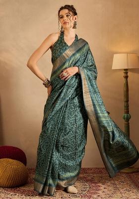 Teal Blue Printed Silk Blend Saree Set