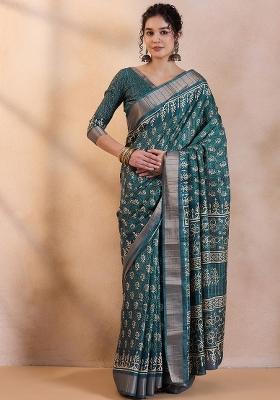 Teal Blue Printed Silk Blend Saree Set