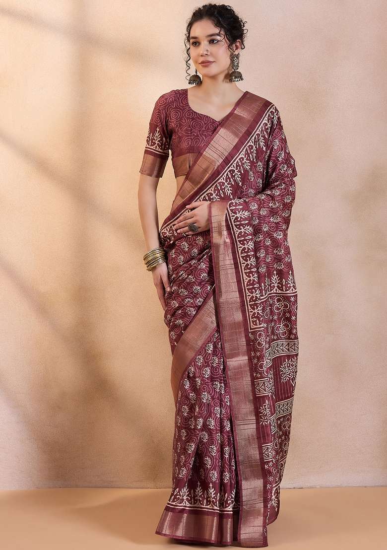Magenta Printed Silk Blend Saree Set - Indya
