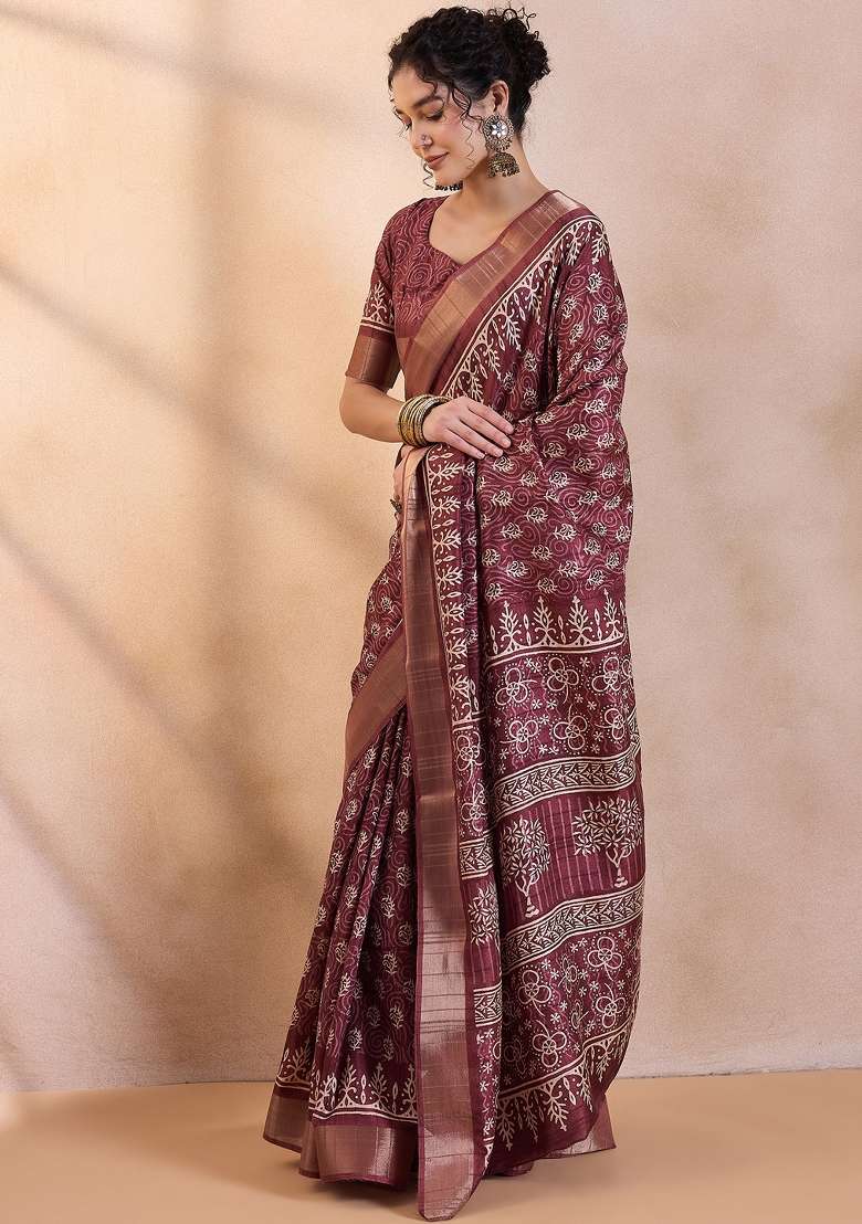 Magenta Printed Silk Blend Saree Set - Indya