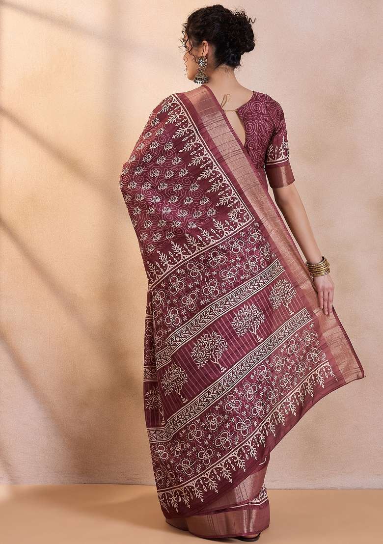 Magenta Printed Silk Blend Saree Set - Indya