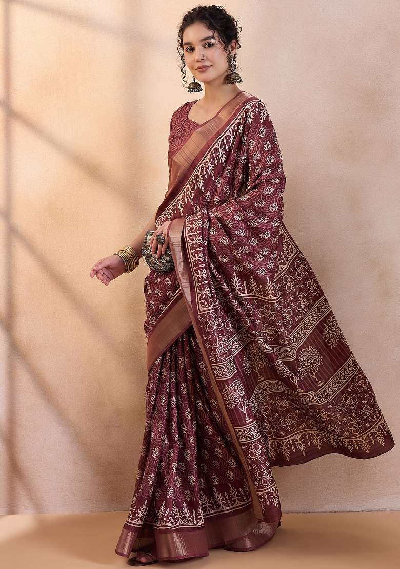 Magenta Printed Silk Blend Saree Set - Indya