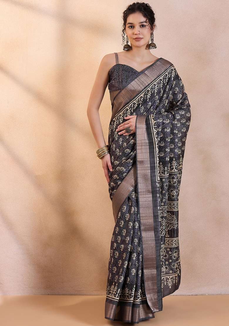 Black Printed Silk Blend Saree Set - Indya