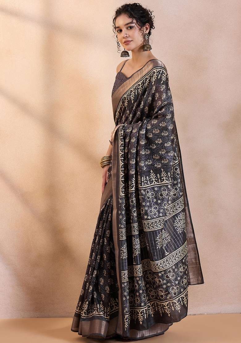 Black Printed Silk Blend Saree Set - Indya