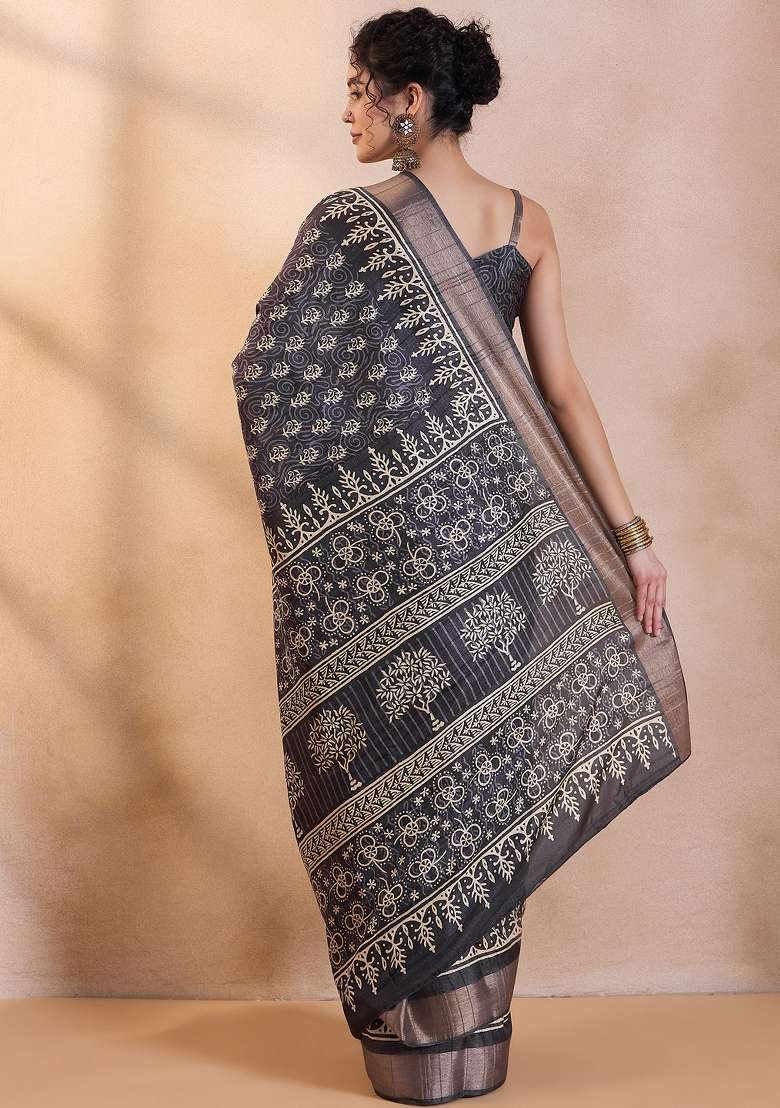 Black Printed Silk Blend Saree Set - Indya