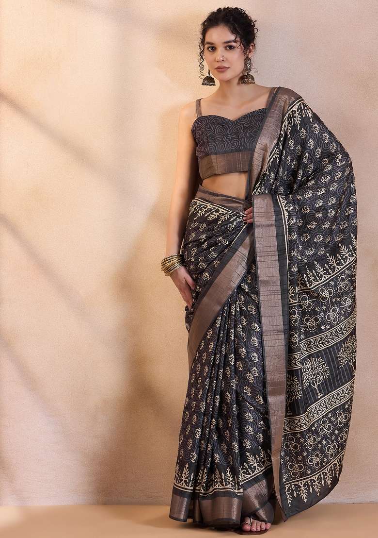 Black Printed Silk Blend Saree Set - Indya