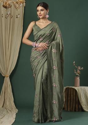 Olive Printed Vichitra Silk Blend Saree Set