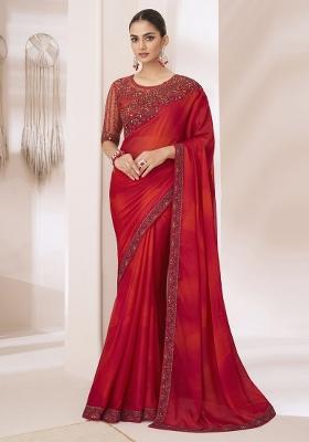 Red Printed Pure Chiffon Saree Set