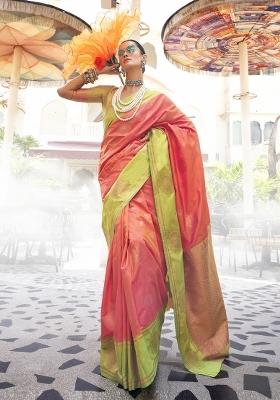 Peach Printed Silk Blend Saree Set