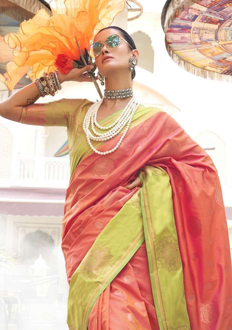 Peach Silk Blend Saree Set with Printed for Diwali | Wedding & Festive Wear - Indya