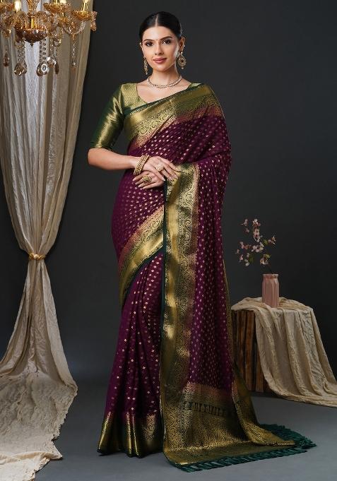 Burgundy Printed Georgette Saree Set — view on Indya