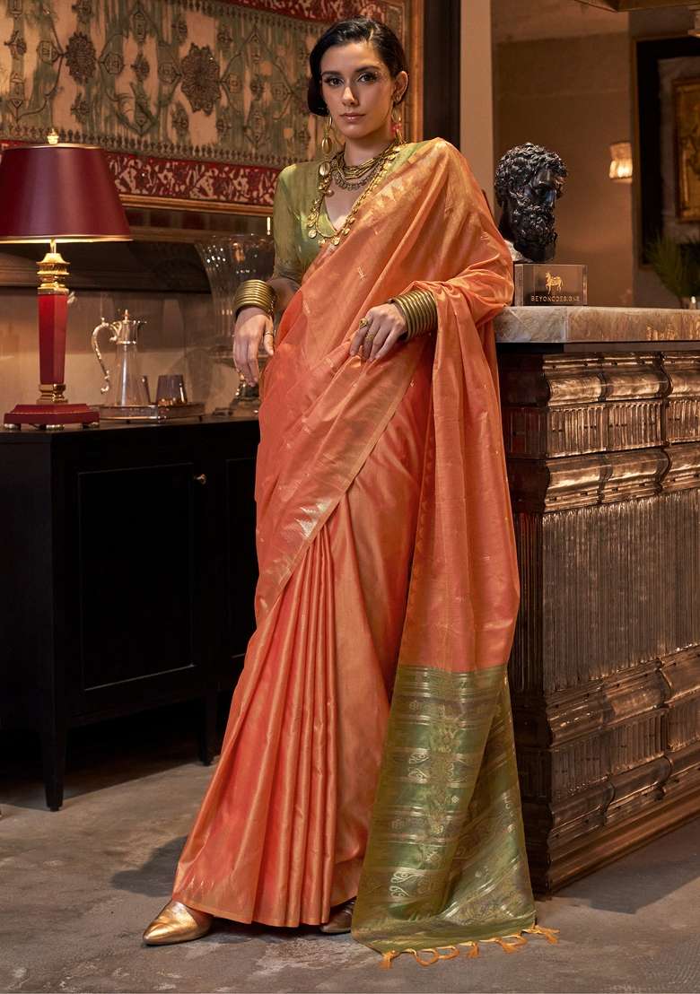Orange Printed Tussar Silk Blend Saree Set for Diwali and Festive Wear - Indya