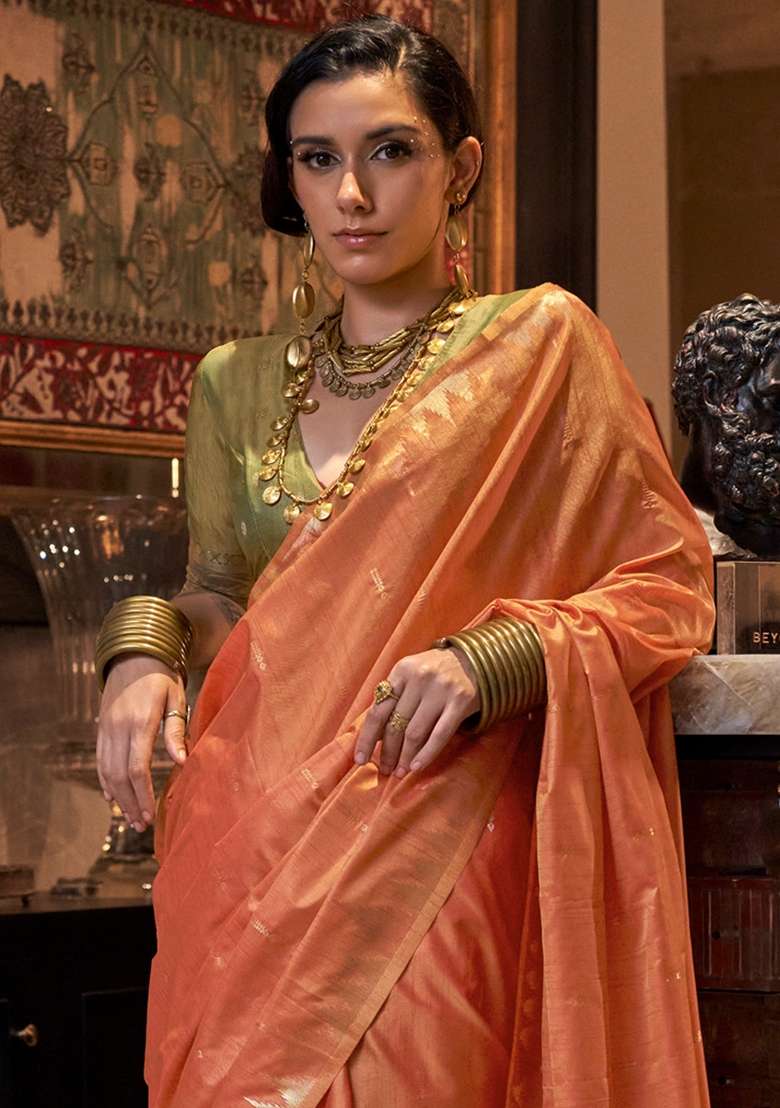 Orange Printed Tussar Silk Blend Saree Set for Diwali and Festive Wear - Indya
