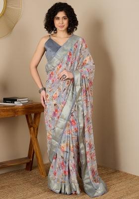 Grey Printed Georgette Saree Set