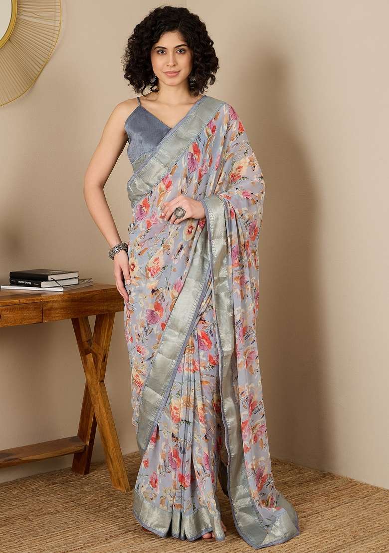 Grey Printed Georgette Saree Set - Indya