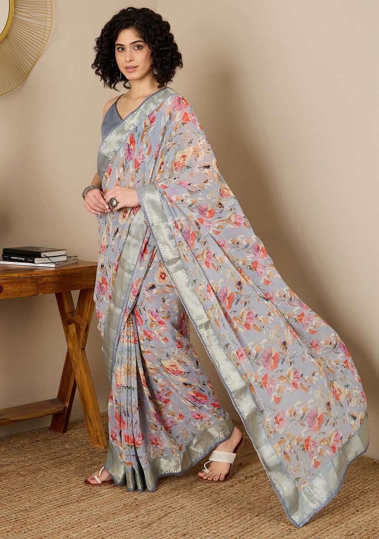 Grey Printed Georgette Saree Set - Indya
