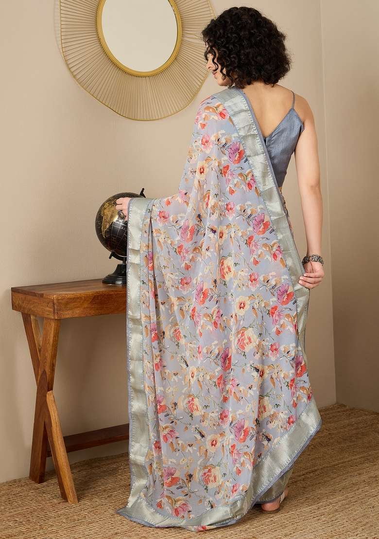 Grey Printed Georgette Saree Set - Indya