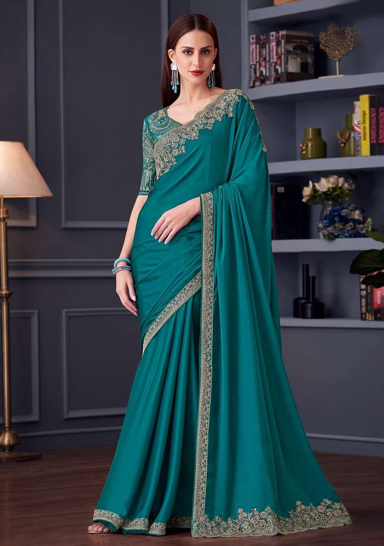 Blue Printed Pure Chiffon Saree Set for Diwali and Festive Wear - Indya