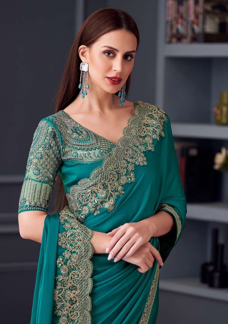 Blue Printed Pure Chiffon Saree Set for Diwali and Festive Wear - Indya