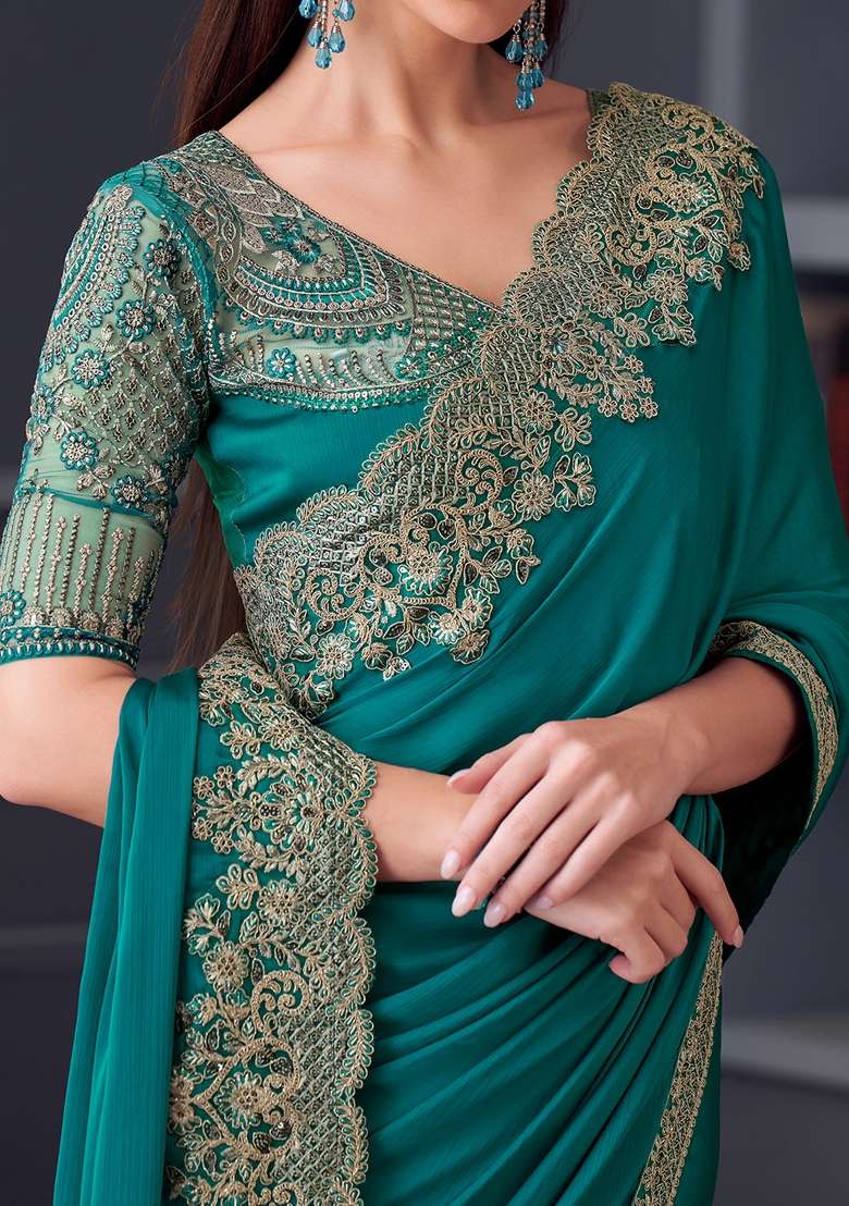 Blue Printed Pure Chiffon Saree Set for Diwali and Festive Wear - Indya