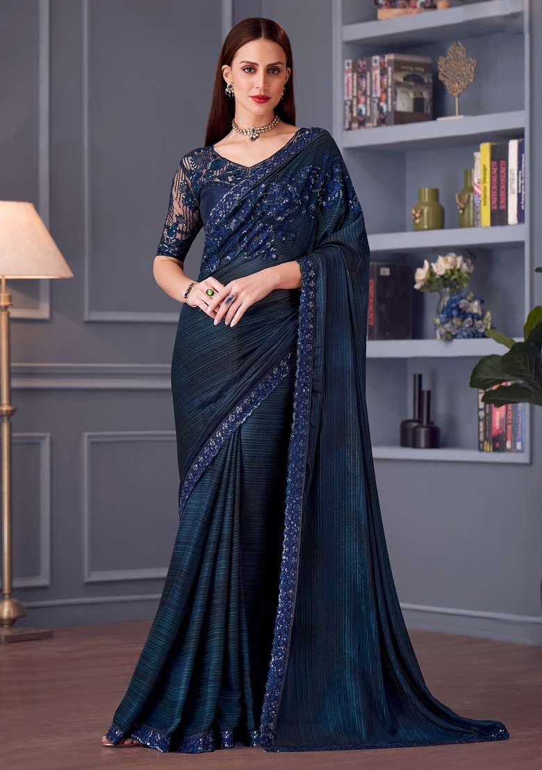 Navy Blue Printed Pure Georgette Saree Set - Indya