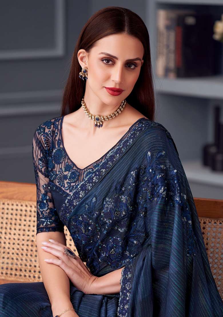 Navy Blue Printed Pure Georgette Saree Set - Indya
