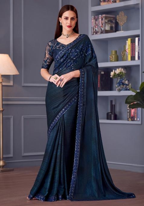 Navy Blue Printed Pure Georgette Saree Set — view on Indya
