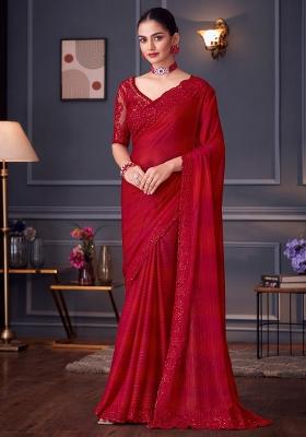 Red Printed Pure Georgette Saree Set