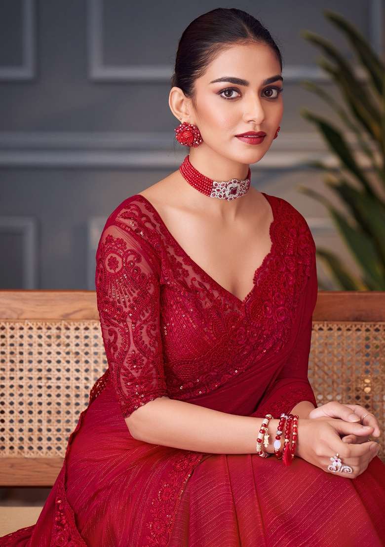 Red Printed Pure Georgette Saree Set for Diwali and Festive Wear - Indya