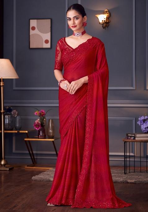 Red Printed Pure Georgette Saree Set — view on Indya