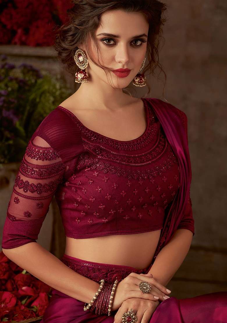 Magenta Printed Pure Chiffon Saree Set for Diwali and Festive Wear - Indya