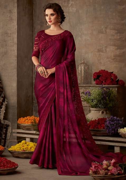 Magenta Printed Pure Chiffon Saree Set for Diwali and Festive Wear