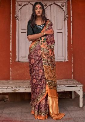 Magenta Printed Viscose Silk Blend Saree Set